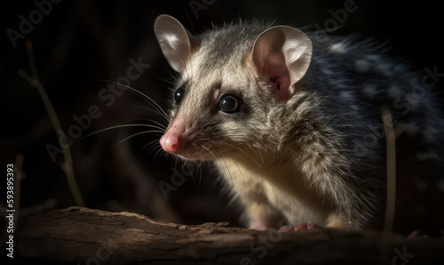 close up photo of brown four-eyed opossum  a small  arboreal marsupial  on blurry forest background at sunset. Generative AI