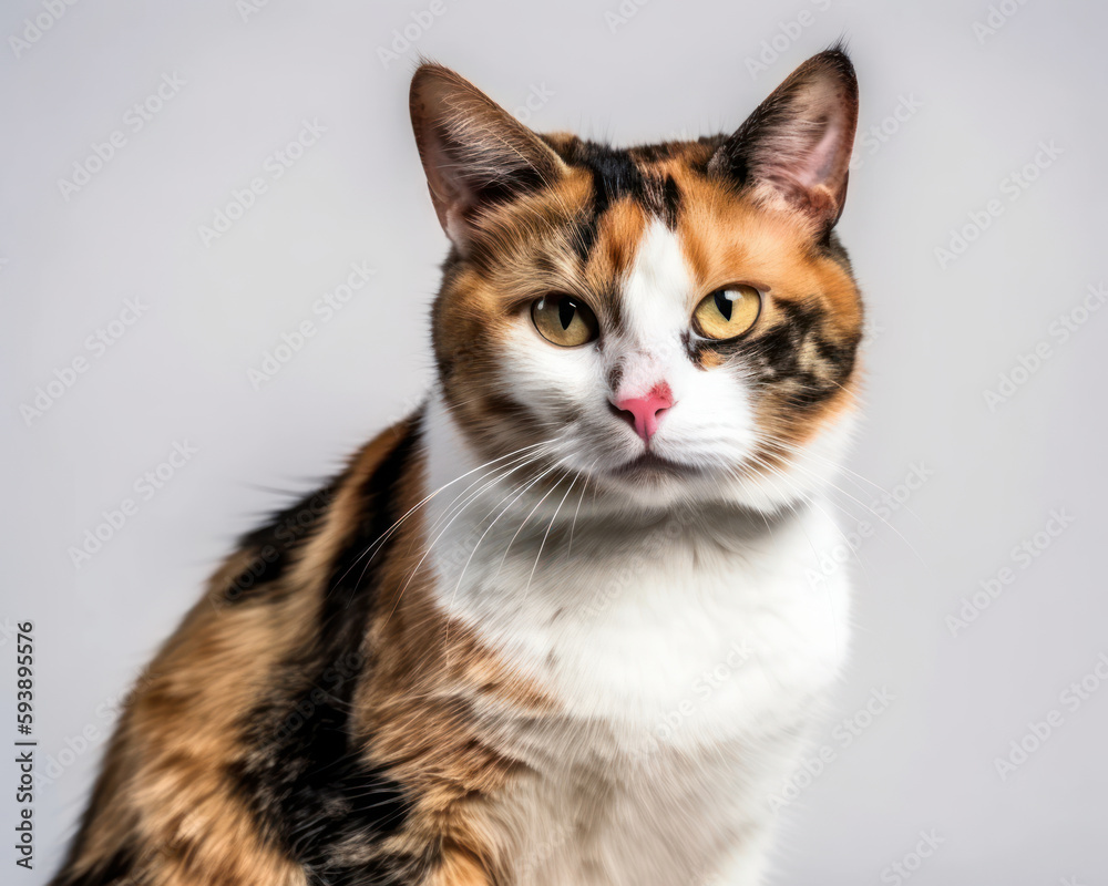 photo of calico cat isolated on white background. Generative AI