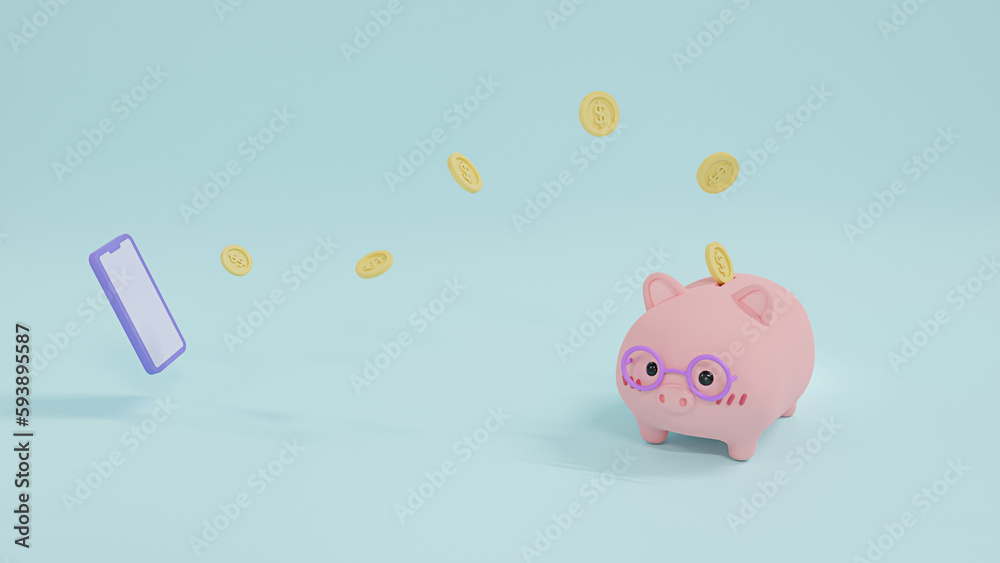 Piggy bank with coins and Mobile Phone. Financial, Banking, Investment, Money saving, concept. Minimal style 3D Illustration. Piggy bank with coins and Mobile Phone. Financial, Banking, Investment, Money saving, concept. Minimal style 3D Illustration.