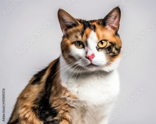 photo of calico cat isolated on white background. Generative AI