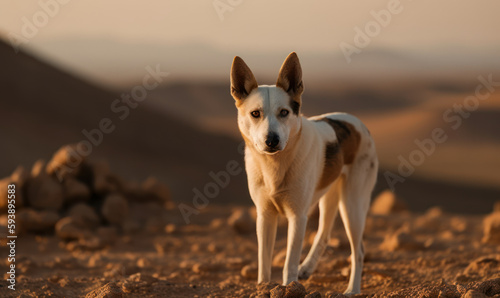 Photo of Canaan dog, breed native to the Middle East, amidst the rugged terrain of Israeli desert. vast expanse of the desert is providing a stunning backdrop for this majestic animal. Generative AI © Bartek