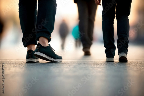 Close-up legs walking on a city street. Generative AI.