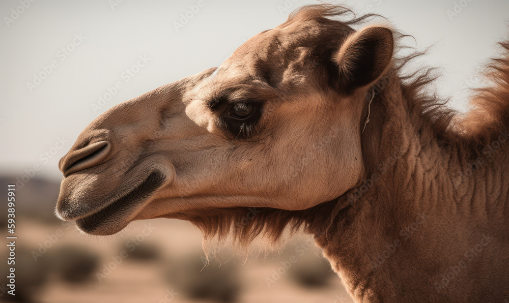 Obraz premium Photo of camel amidst the vast, arid expanse of Sahara desert with every hair and wrinkle sharply defined, its piercing gaze capturing the essence of the harsh, unforgiving landscape. Generative AI