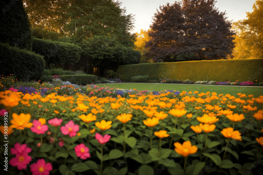 Fototapeta premium Flower garden, flowerbed, flowers close-up, landscaping, beautiful nature in summer. Generative AI.