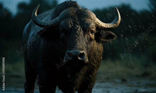 photo of Cape buffalo in its natural habitat. Generative AI © Bartek