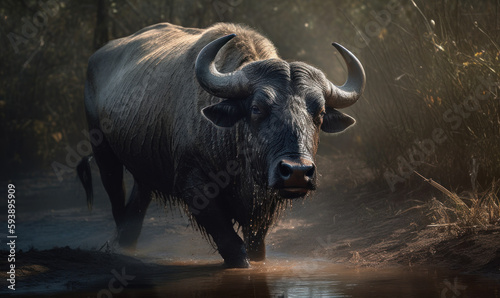 photo of Cape buffalo standing in forest river at sunset. Generative AI