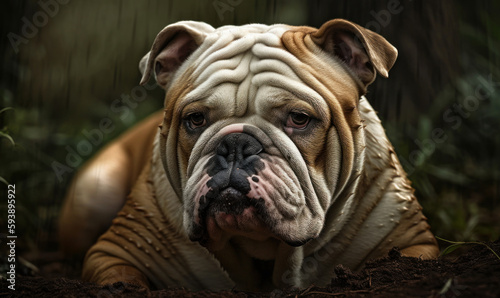 close up photo of Bulldog on green forest background. Generative AI
