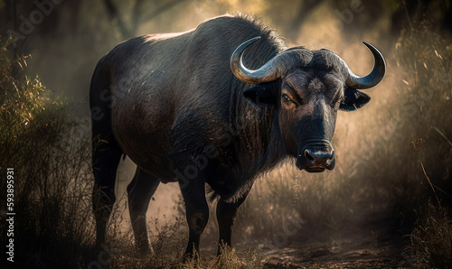 photo of Cape buffalo standing on forest path with sunset light rays. Generative AI © Bartek