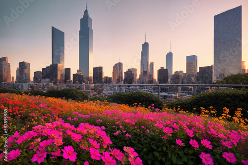 Flower garden, flowerbed close-up in modern city, landscaping, beautiful nature in summer. Generative AI. © soleg
