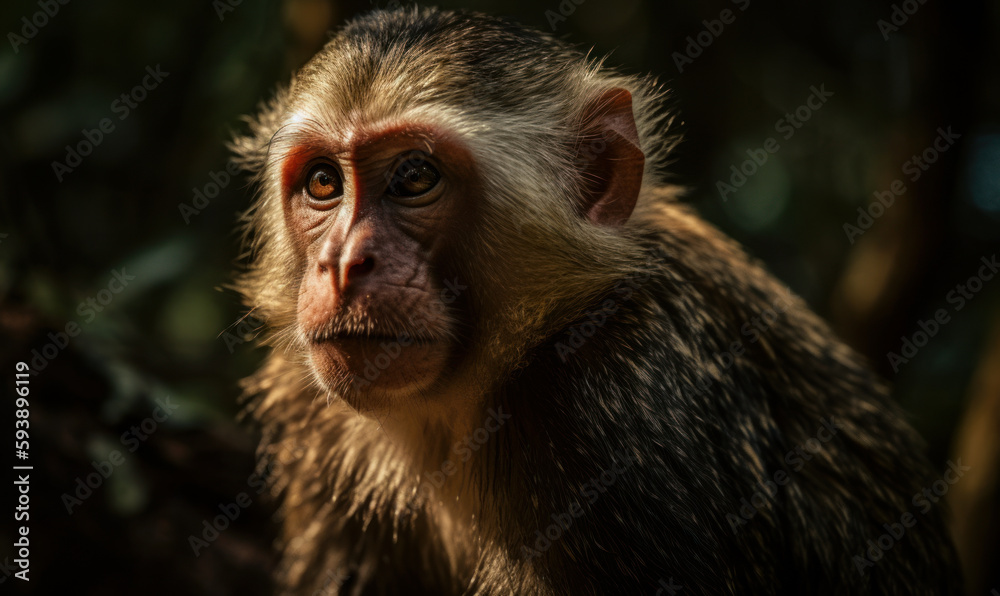 close up photo of capuchin monkey on blurry bokeh forest background. Generative AI