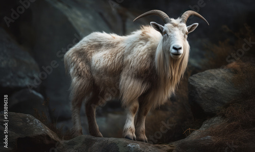 photo of cashmere goat standing on a rock. Generative AI