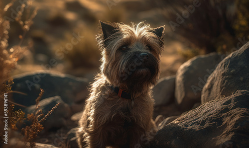 Cairn Terrier, a scrappy adventurer with wiry coat and keen expression in the rocky wilderness. Generative AI © Bartek