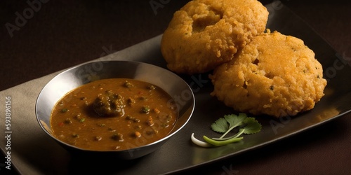 Sambar vada or medu vadai with sambhar and chutney popular south indian snack or breakfast Generative AI photo