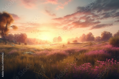 World environment day concept: Beautiful meadow and pink sky autumn sunrise background. Generative AI