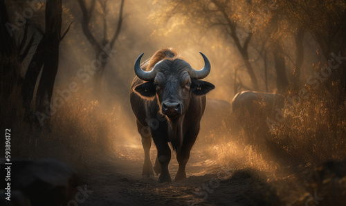 photo of Cape buffalo standing on forest path with sunset light rays. Generative AI
