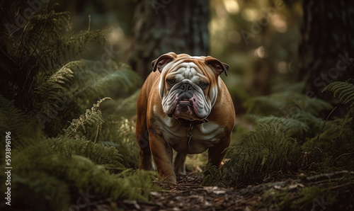 Photo of Bulldog, capturing the essence of its rugged and playful nature in the lush greenery of its natural surroundings. Generative AI.