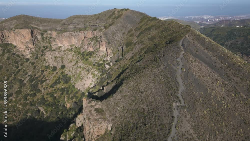 Aerial drone shot of gigantic Caldera de Bandama Nationalpark with Volcanoes on Gran Canaria Island