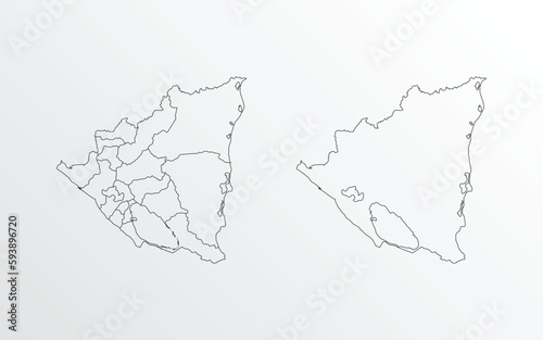 Black Outline vector Map of Nicaragua with regions on white background