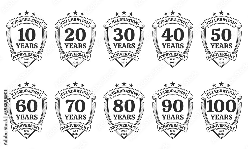 10, 20, 30, 40, 50, 60, 70, 80, 90, 100 years anniversary icon or logo set. Yubilee celebration, company birthday badge or label. Vintage banners with shield and ribbon. Vector illustration.