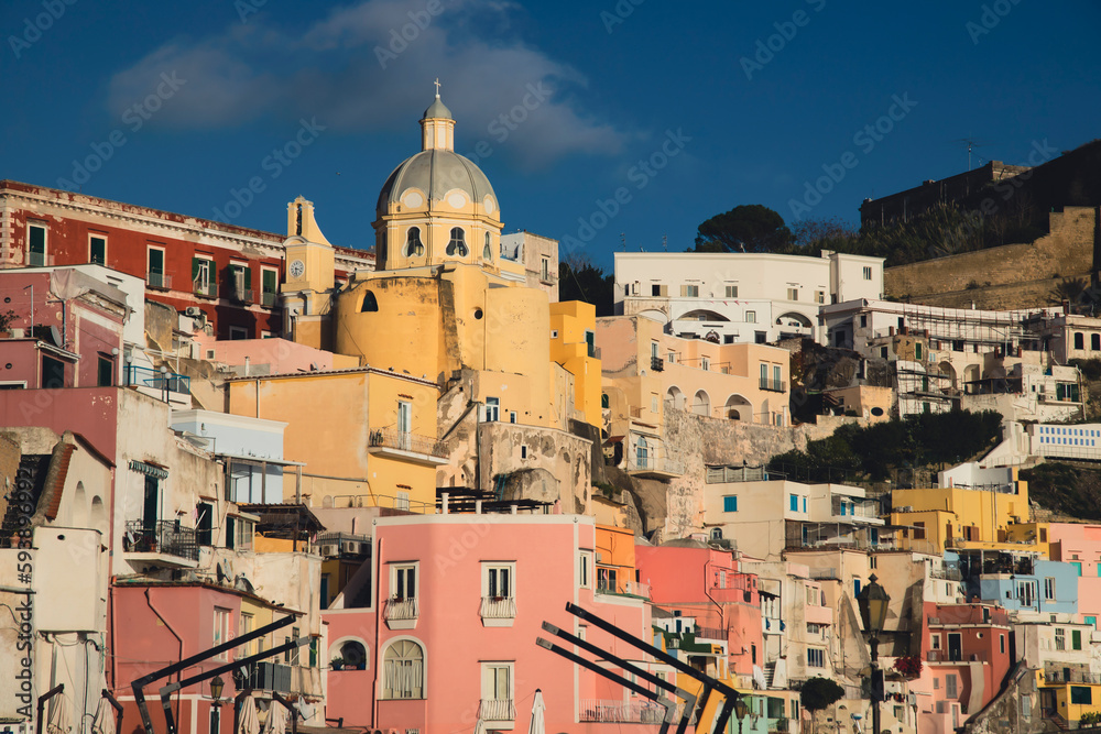 Beautiful fishing village, Marina Corricella on Procida Island, Bay of Naples, Italy.