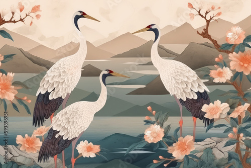 Cranes on the background of the sea and flowers, oriental Japanese background with watercolor texture in vintage style. Isolated on background. Cartoon flat vector illustration, generative AI © Kien
