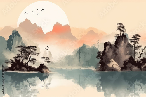 Minimalistic mountain landscape with watercolor and texture in traditional oriental, Japanese style. Vector illustration, generative AI