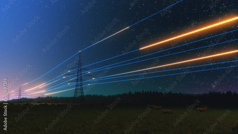 Overhead Electricity Transmission Lines with 3D Digital Visualization of Electricity. Epic Animation with Night Sky Full of Stars. Concept of Renewable Green Energy and Ecological Environment