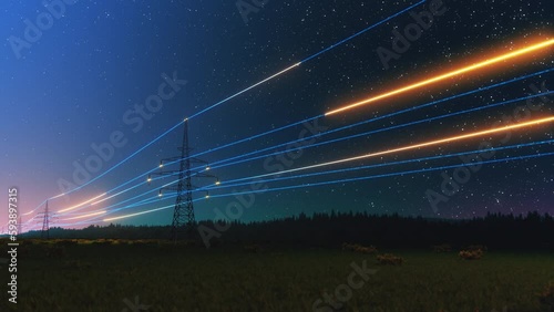 Overhead Electricity Transmission Lines with 3D Digital Visualization of Electricity. Epic Animation with Night Sky Full of Stars. Concept of Renewable Green Energy and Ecological Environment photo
