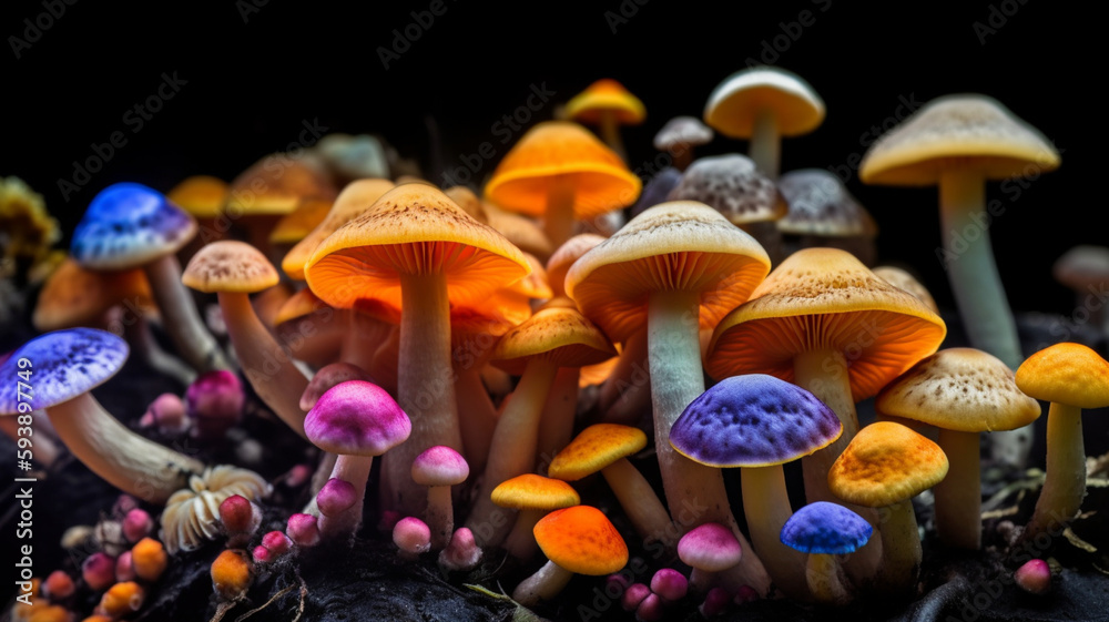 Lsd microdosing lysergic acid diethylamide concept , psychedelics therapy with colorful mushrooms, generative AI