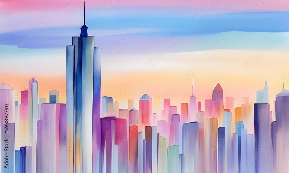 Pastel watercolor painting with city skyline, skyscrapers, offices, illustration, painting, poster. AI generated.