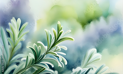 A sprig of rosemary painted with watercolor, illustration, painting, poster. AI generated.