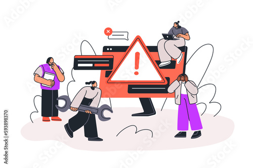 Error alert, internet failure, system problem concept. Tiny people fixing 404 mistake. Information technology security warning, risk. Flat graphic vector illustration isolated on white background