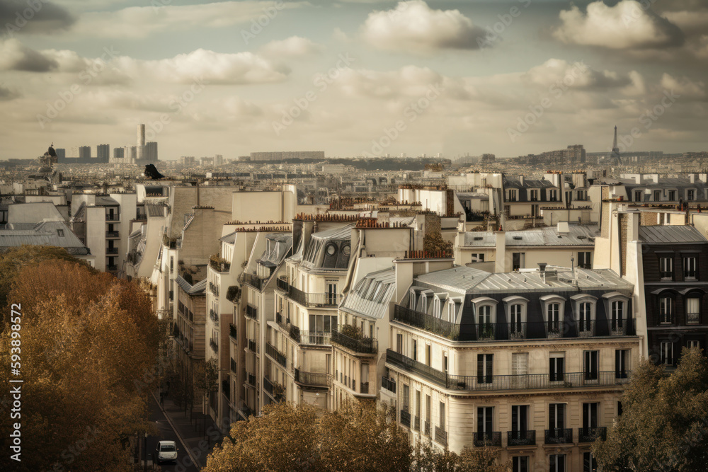 Paris cityscape with Eiffel Tower, France. Toned, Generative Ai