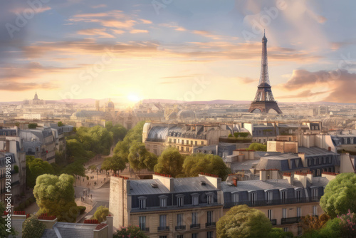 Paris skyline with Eiffel tower at sunset, Paris, France, Generative Ai