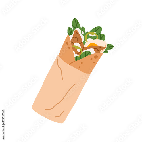 Shawarma wrap. Kebab roll in takeaway paper. Shawerma, doner with meat, egg, lettuce filling in lavash. Street snack, Turkish fast food. Flat vector illustration isolated on white background