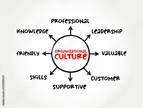 Organizational culture - collection of values, expectations, and practices that guide and inform the actions of all team members, mind map concept for presentations and reports