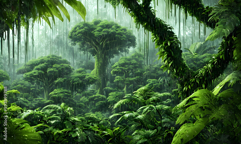 Naklejka premium Green rainy rainforest with dark sky, wet palms, trees, leaves and fern plants, puddles and fog. Background design. illustration & digital painting, generative ai