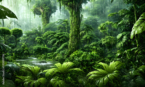 Green rainy rainforest with dark sky, wet palms, trees, leaves and fern plants, puddles and fog. Background design. illustration & digital painting, generative ai