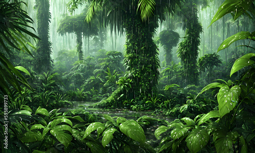 Green rainy rainforest with dark sky  wet palms  trees  leaves and fern plants  puddles and fog. Background design. illustration   digital painting  generative ai