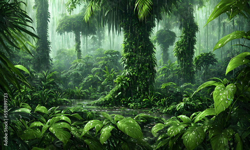 Green rainy rainforest with dark sky, wet palms, trees, leaves and fern plants, puddles and fog. Background design. illustration & digital painting, generative ai