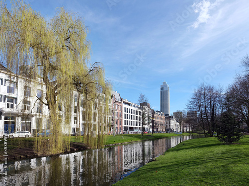 westsingel in city centre near central station of rotterdam in holland under blue sky early spring
