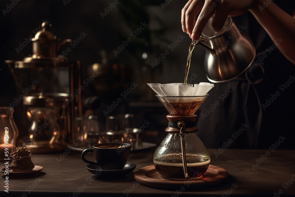 Coffee brewing scene, featuring a skilled barista meticulously pouring hot water over freshly ground coffee beans in a glass dripper, set against a clean, crisp counter or table surface. Generative AI Coffee brewing scene, featuring a skilled barista meticulously pouring hot water over freshly ground coffee beans in a glass dripper, set against a clean, crisp counter or table surface. Generative AI