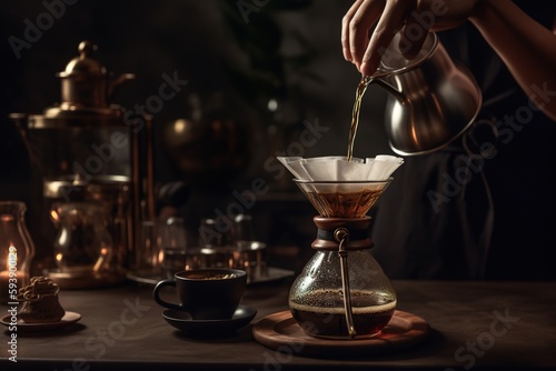 Coffee brewing scene, featuring a skilled barista meticulously pouring hot water over freshly ground coffee beans in a glass dripper, set against a clean, crisp counter or table surface. Generative AI
