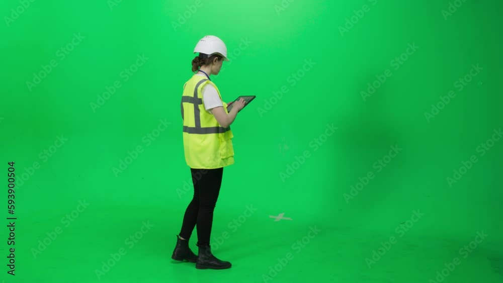 Green Screen Chroma Key Studio: Female Industrial Engineer, Construction Specialist, Warehouse Worker Walking in a High-Visibility Vest and Hardhat, Stopping to Look Around and Use a Tablet Computer