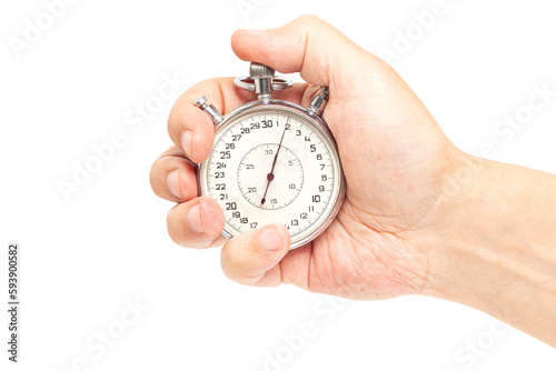 stopwatch in hand isolated on white background.