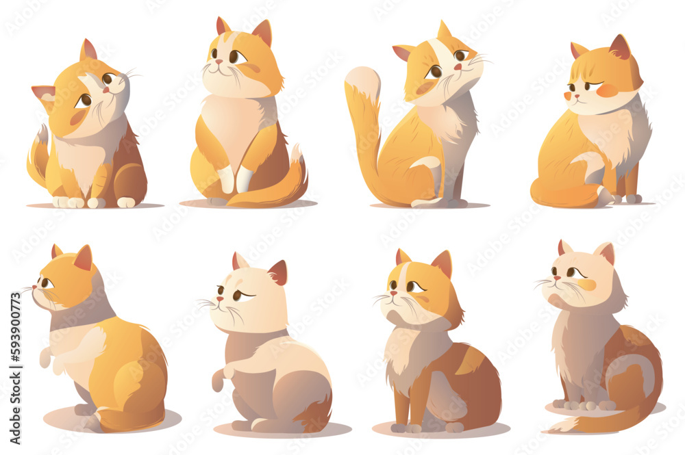 Concept Cats. This flat cartoon design showcases a set of cute cats in different poses and expressions on a plain white background. Vector illustration.