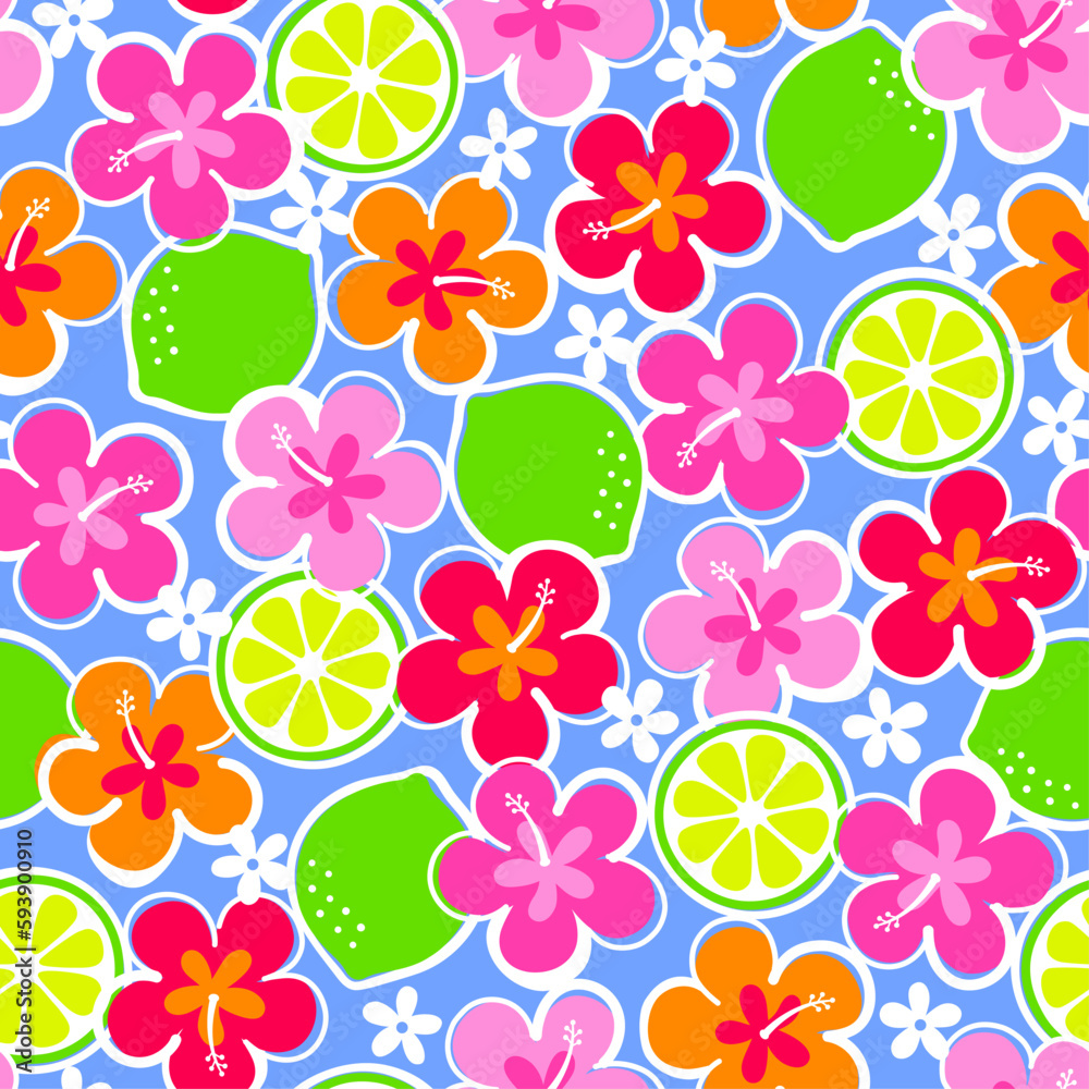 Colorful hibiscus flower with citrus fruit seamless pattern for summer holidays background. Colorful hibiscus flower with citrus fruit seamless pattern for summer holidays background.