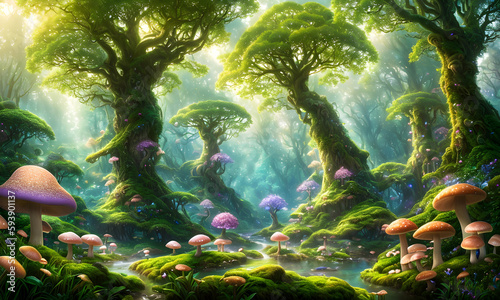 Enchanted fairy tale forest with large mushrooms, trees, rivers streams and rays of light between the canopies of leaves, Alice in Wonderland, illustration & digital painting, generative ai 