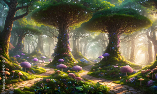 Enchanted fairy tale forest with large mushrooms, trees, rivers streams and rays of light between the canopies of leaves, Alice in Wonderland, illustration & digital painting, generative ai 