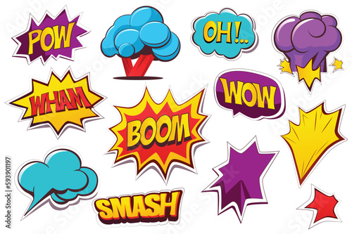 Concept Boom. This flat cartoon design features a set of comic-style explosions or booms in different shapes and sizes on a clean white background. Vector illustration.
